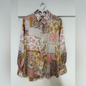 Haver & Blair Floral Patchwork Satin Button Down Blouse